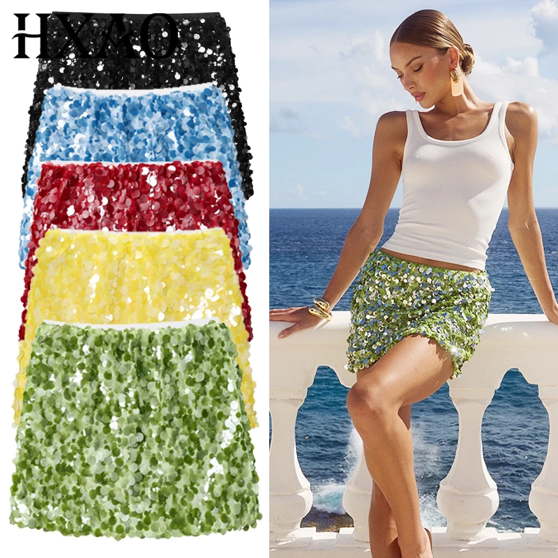 

HXAO Mini Sparkling Skirts Women's Skirt Black Green Red Yellow Blue Skirt Chic Sequin Wrap High Waist Skirt High Street Skirts