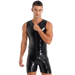 Plus Size Men Sexy Open Crotch Leather Bodysuit For Sex Double Zipper Sheath Bodycon Crotchless Erotic Below Shiny Latex Leotard