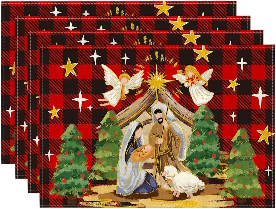 

Рождественские салфетки в клетку Kogiya Shepherd 12x18 дюймов, зимние рождественские коврики для стола O Holy Night для вечеринки, кухни, обеденного декора
