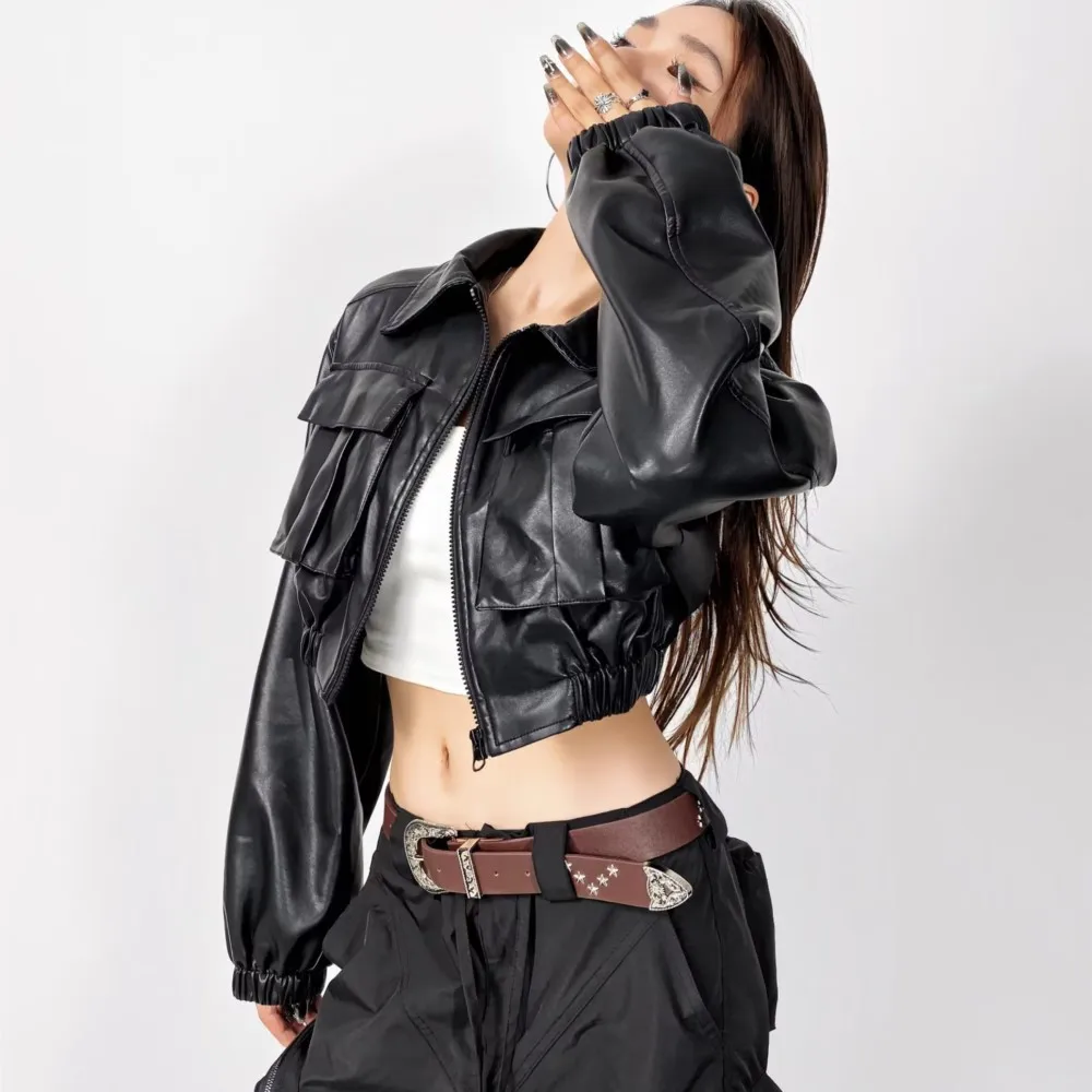 Y2K COOL Women Plaid PU Leather Jacket Front Pockets Elastic Hem Long Sleeve Cropped Coat Loose Short Outwear Black Brown