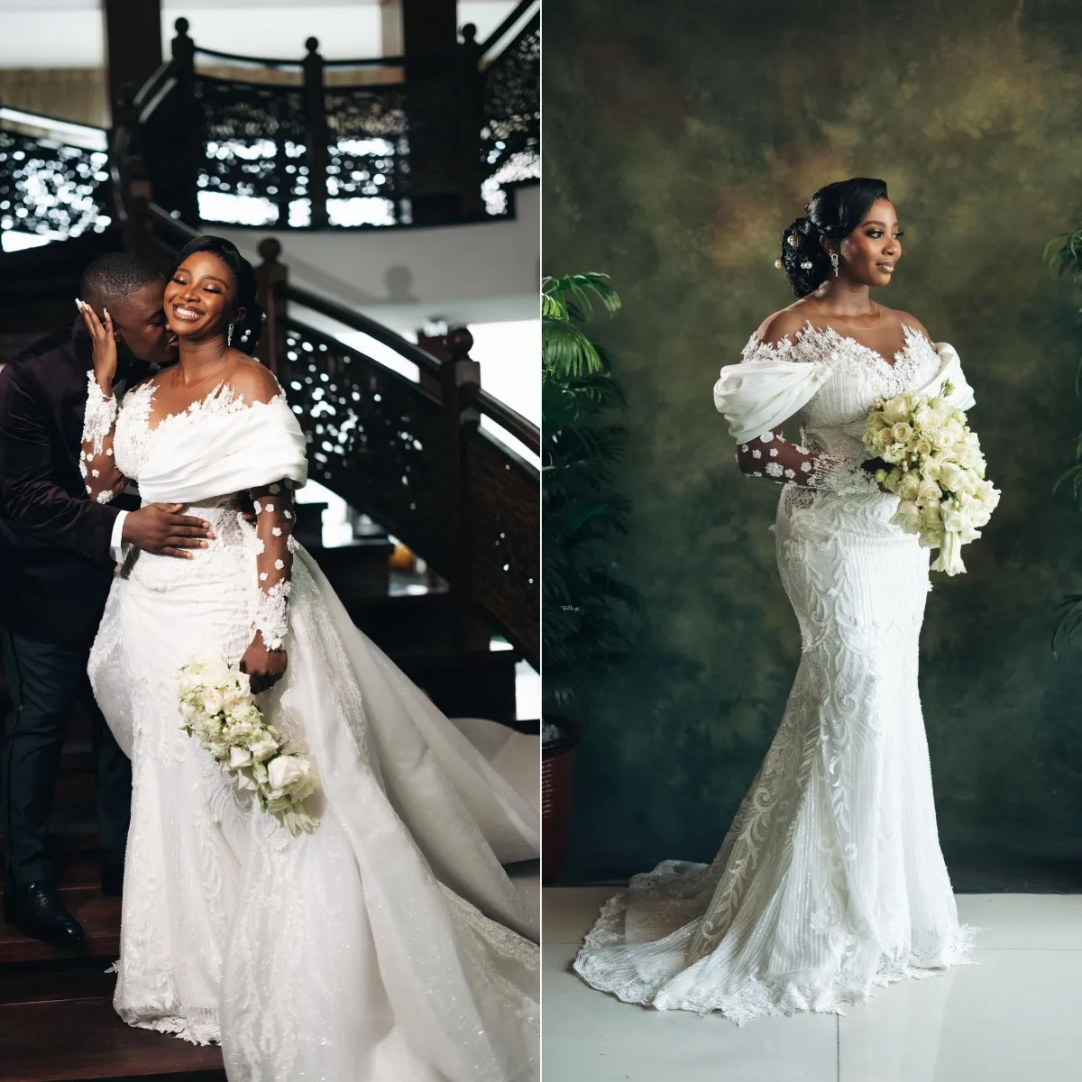 

Luxury African Mermaid Wedding Dresses Bride Gowns Lace Appliqued Long Sleeve With Detachable Train Bride Dress Plus Size