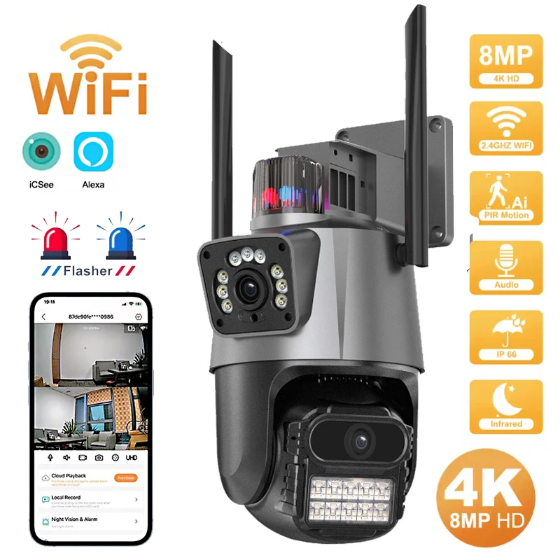 

8-мегапиксельная Wi-Fi камера, уличная камера безопасности с 8-кратным зумом, 4K, видеонаблюдение, три объектива, двойной экран, PTZ ICsee Alexa NVR, охранное видеонаблюдение