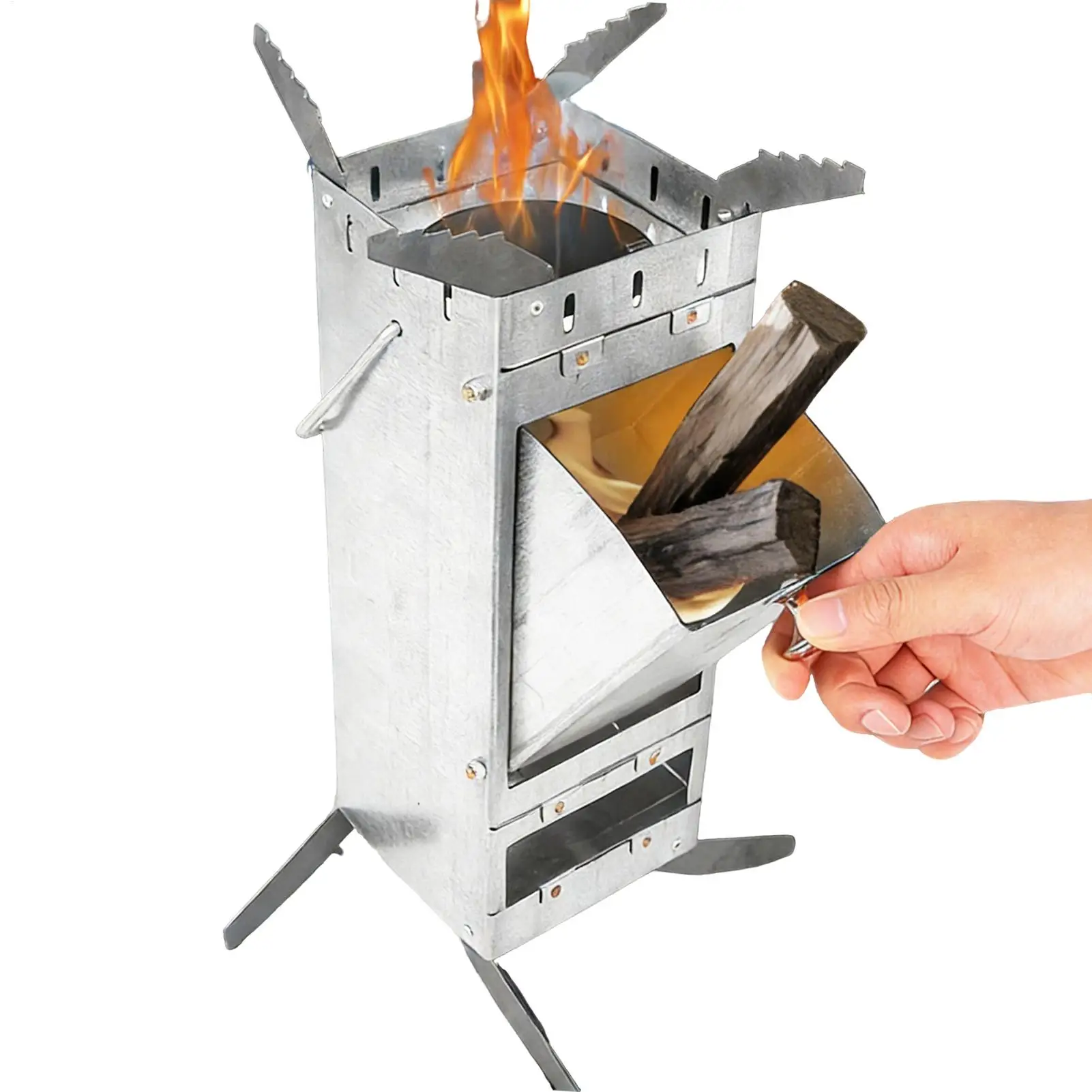 

Портативная складная дровяная печь Rocket Stove с ручкой, нержавеющая, для кемпинга, барбекю, охоты, сада, патио, пикника, обогреватель для улицы