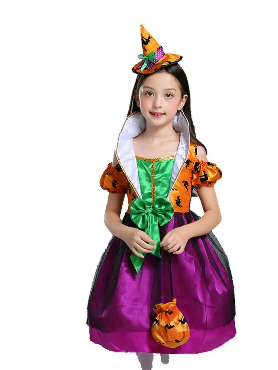 Fantasia de bruxa infantil loween, macacão de morcego eup par abóbora, roupas de performance de poliéster, fibra de acetato 00%