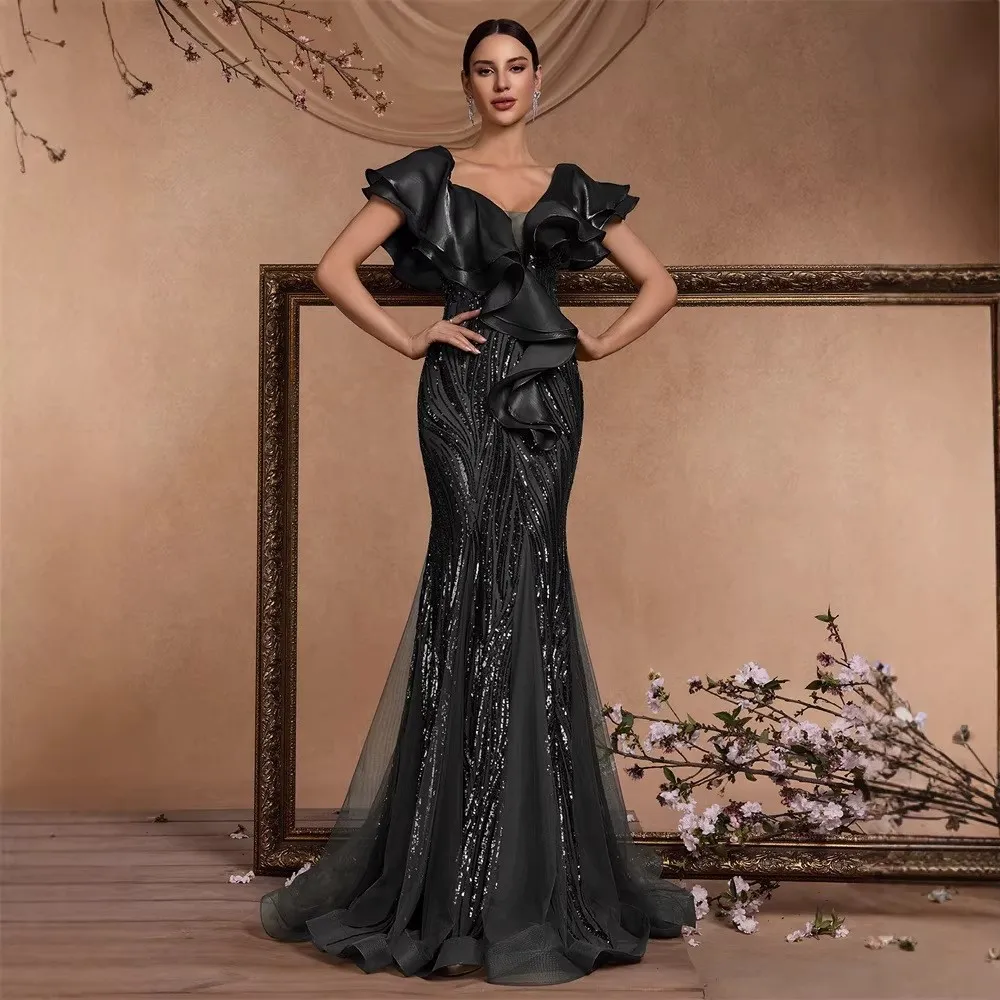 

Elegant Backless Fish Tail Evening Dress with Lotus Leaf Sleeves for Graduation Ball Luxury Shiny Beads Low Waist Gown