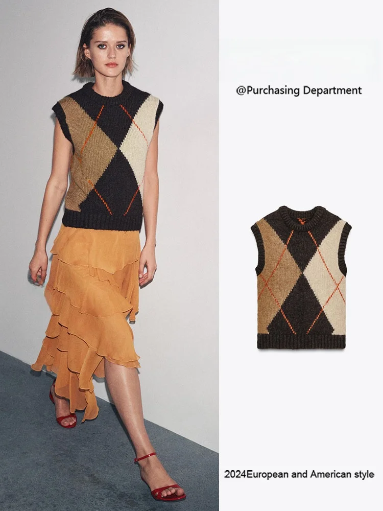 

New Autumn Women's Knitted Vest Diamond Pattern Classy Versatile Faionable European Sle Alluring Top Quali Ladieswear