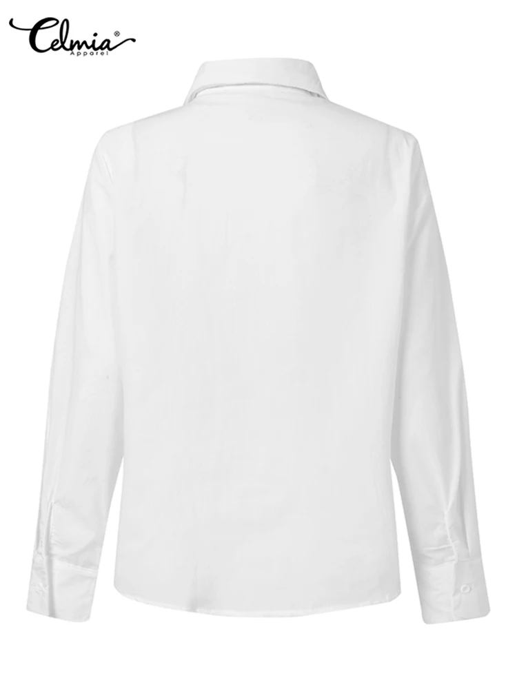 Celmia informal-Blusa de manga larga para verano, camisa blanca elegante con lazo para mujer, color liso, para fiesta, 2022