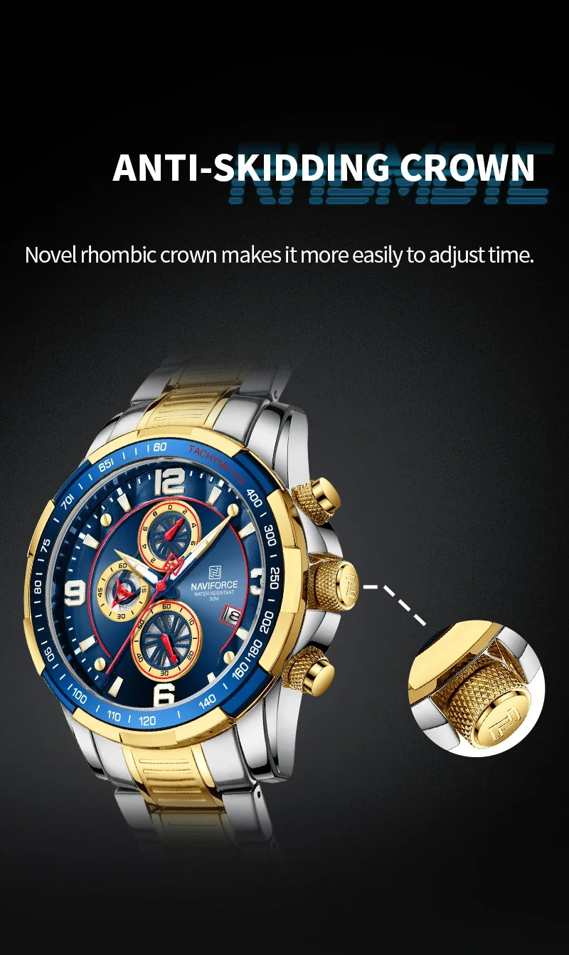 NAVIFORCE 2024 Men Watch Sport Man Wristwatch Top Brand Luxury Blue Military Chronograph Gold Stainless Steel Quartz Male 8020