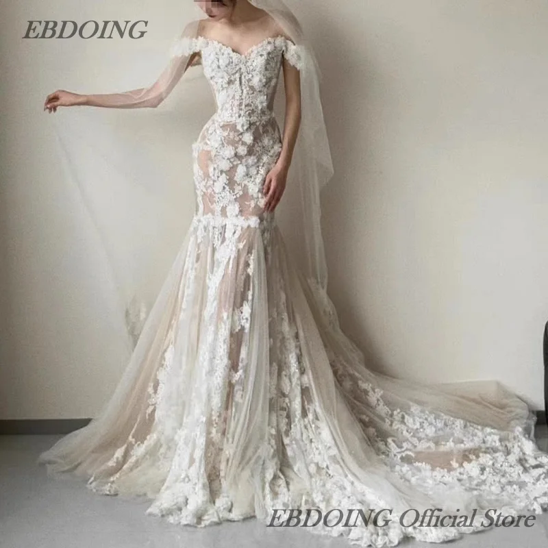 EBDOING Hochzeitskleid, Meerjungfrau, Spitze, herzförmiger Ausschnitt, Schnürung, Kapellenschleppe, individuelles Brautkleid