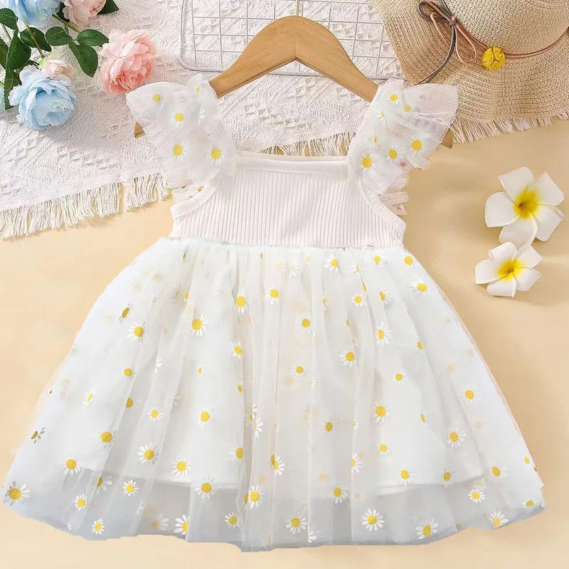 MERI AMMI For 1-10 year Daisy Flower Girls Birthday Dress Kid Children Clothing Petal Sleeves Party Christmas Knee Length Mesh