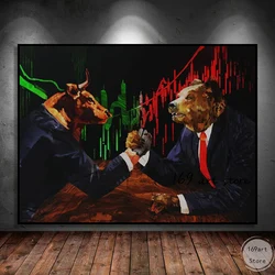 Abstract Bull Vs Bear Arm Wrestle Fight Stock Market Trader Art Poster Canvas Painting Wall Print Picture for Office Home Decor