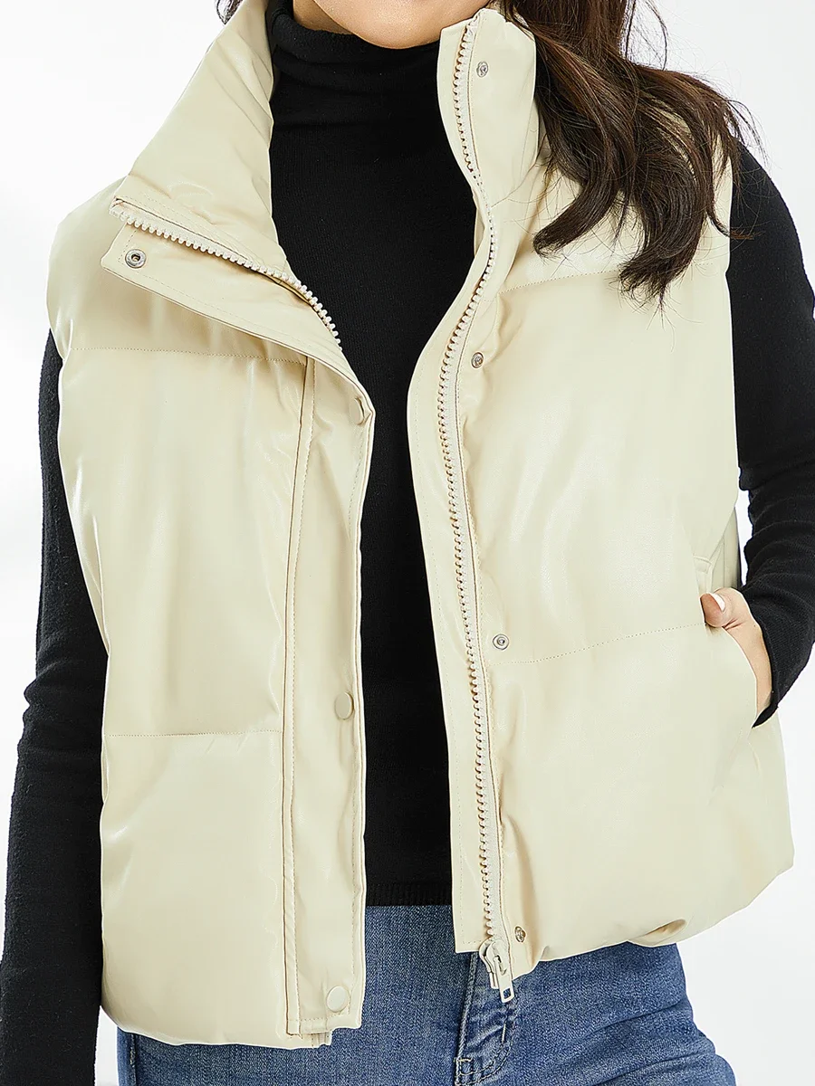 Women Winter Warm Vest Coat Solid Color Zip-Up Button Side Pockets Mock-Neck Tops Outerwear