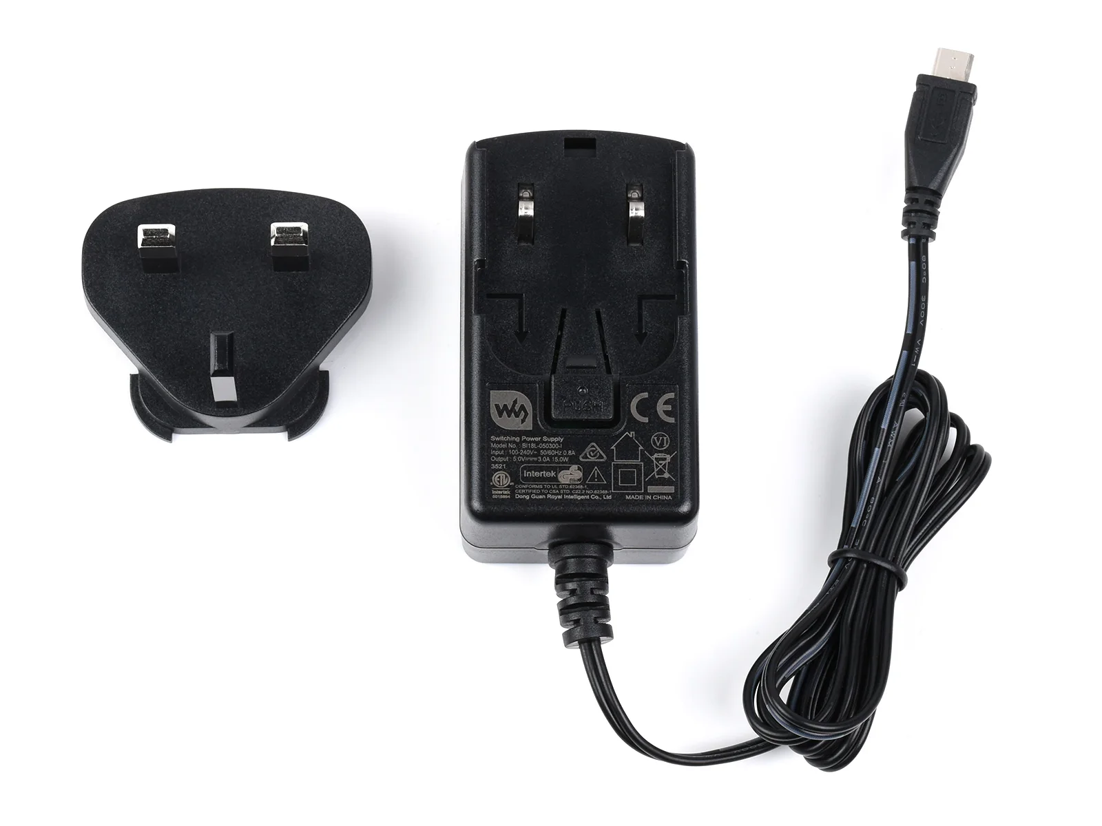 Waveshare-voeding, voedingsadapter, 5V/3A, USB-uitgangsconnector, PSU-5V3A-MICRO