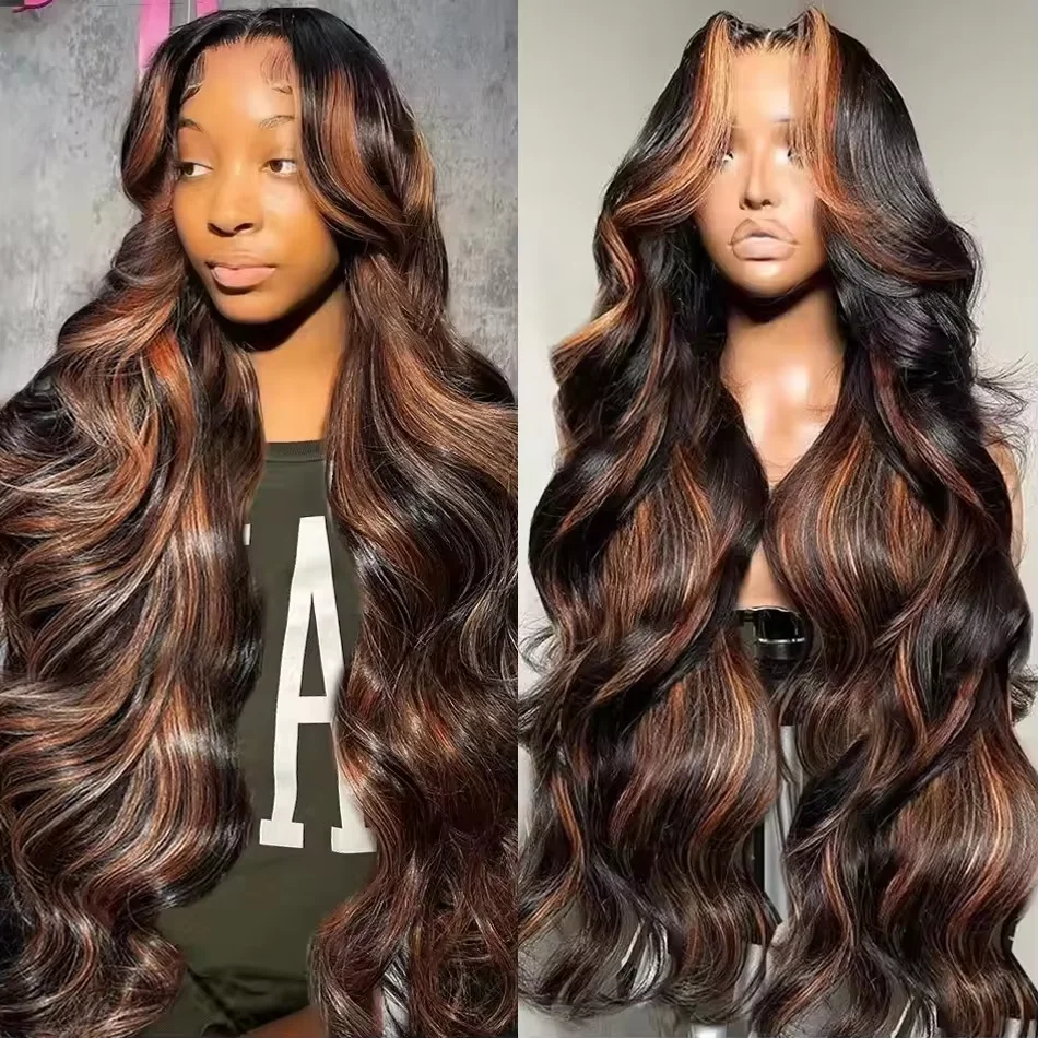 

Ombre Highlight Body Wave 220% High Density 13x6 HD Lace Front Human Hair Wig 1B/30 Black Brown Colored 13x4 Lace Frontal Wigs