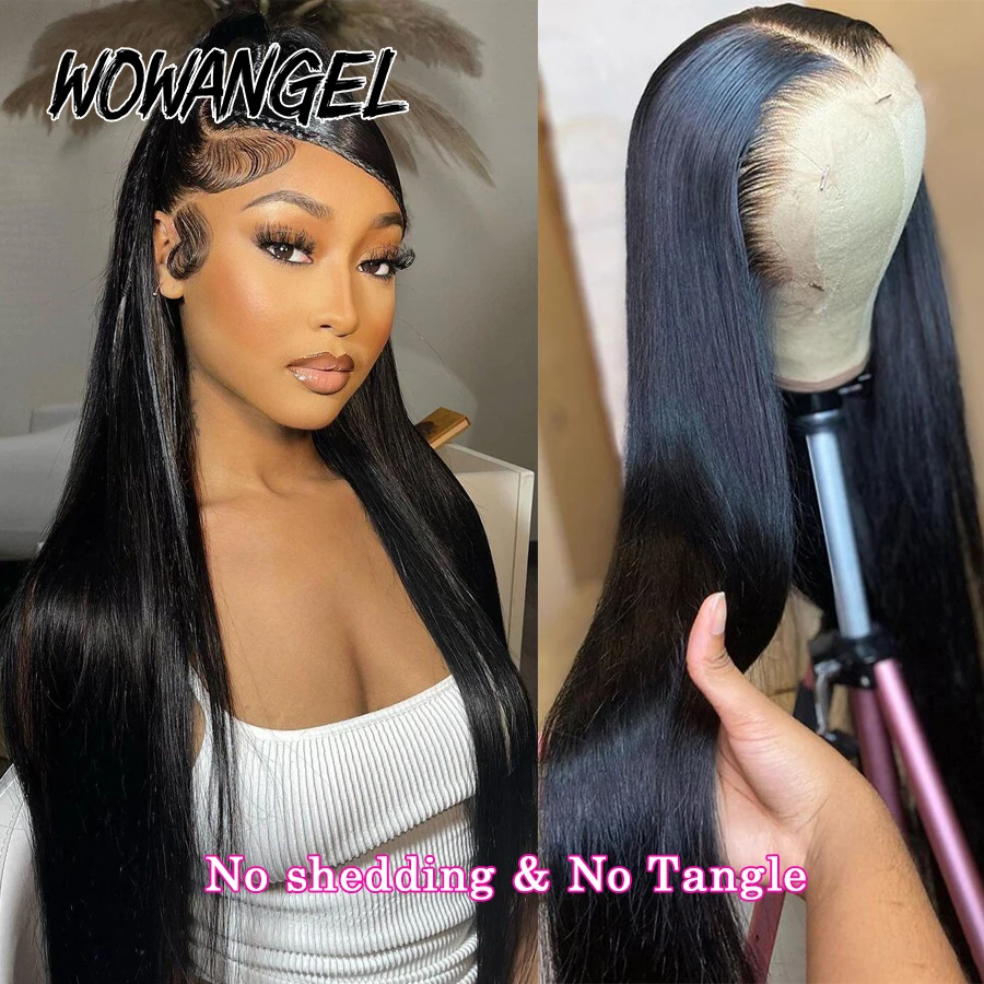 Wow Angel-Peluca de cabello humano liso para mujer, postizo de encaje Frontal 13x6 HD, de seda, predesplumada, sin pegamento