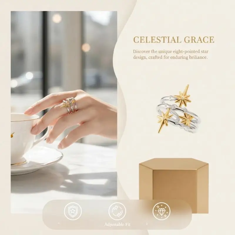Eight Pointed Star Shiny Zircon Inlaid Open Ring Adjustable Multi Layer Finger Ring for Girls Daily Outfit Accessory