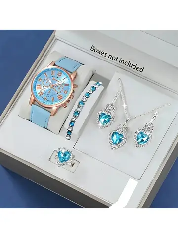 Fashion quartz watch and jewelry set, shock resistant circular analog digital display, PU leather strap, zinc alloy case
