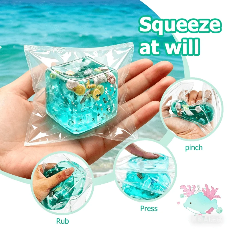 2PCS Ocean Ice Cube Squeeze Toy,TPR Soft Transparent Bead Filled Hand Play Toy,Fun Party Favor Gift for Halloween Christmas Thanksgiving Birthday