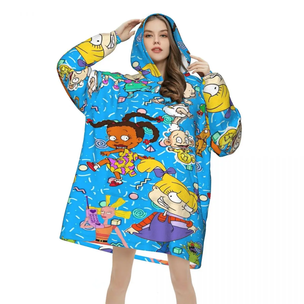 Cartoon R-Rugrats Wearable Blanket Hoodie for Women Men Warm Cozy Large Blanket Sweatshirt Thick Fleece Hooded Blanket
