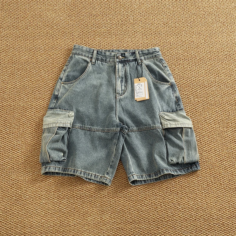 American Casual Retro Workwear Denim Shorts Men Loose Straight Summer New Multi Pocket mid Waist Five Shorts Trendy