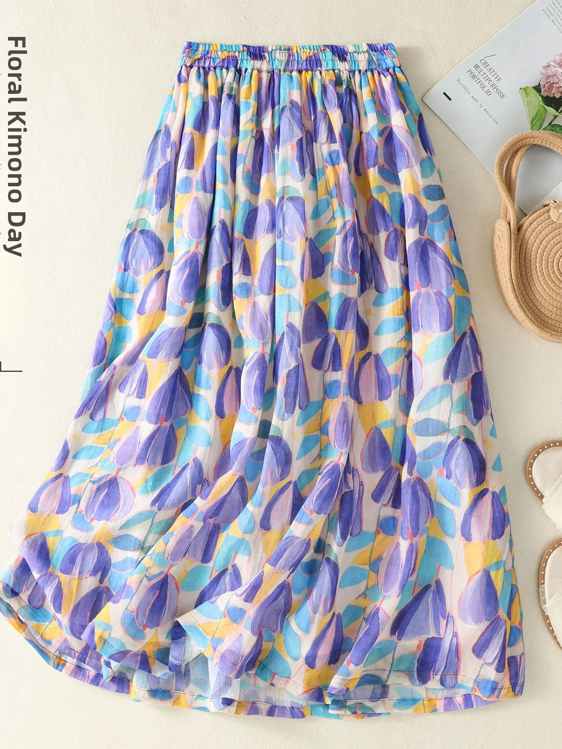 

Watercolor Purple Flower Cotton Linen A-Line Midi Skirt Women's plus Size Summer Casual Floral Print Skirts Commute Style