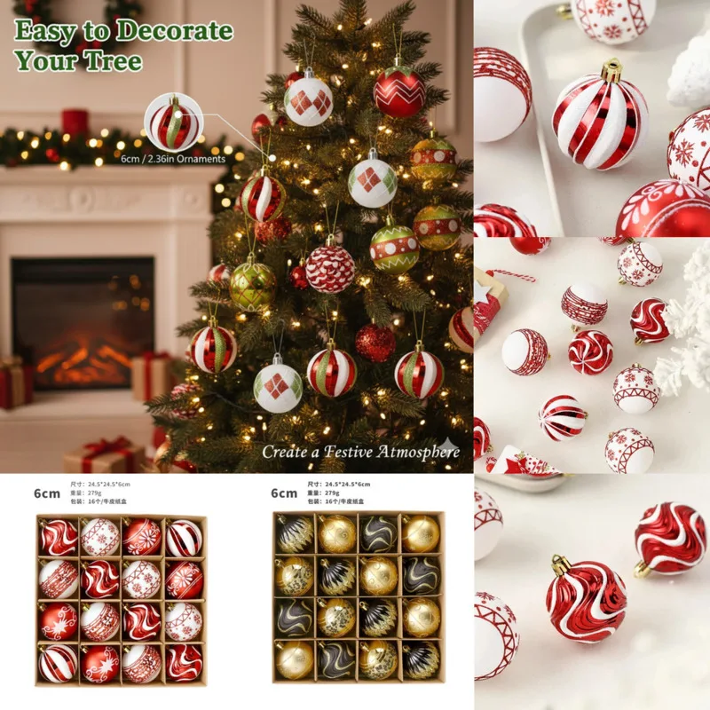 

Ins Christmas 16 Ball Set Decorations European Party Painted Christmas Ball Set Halloween Christmas Tree Plastic Pendant Set New