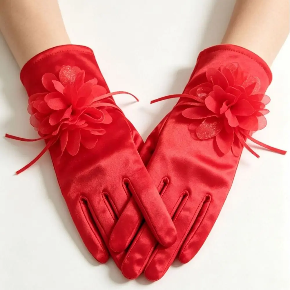 New Short Style Satin Bridal Glove Flower Decor Elegant Evening Glove Smooth Exquisite Wedding Glove Evening