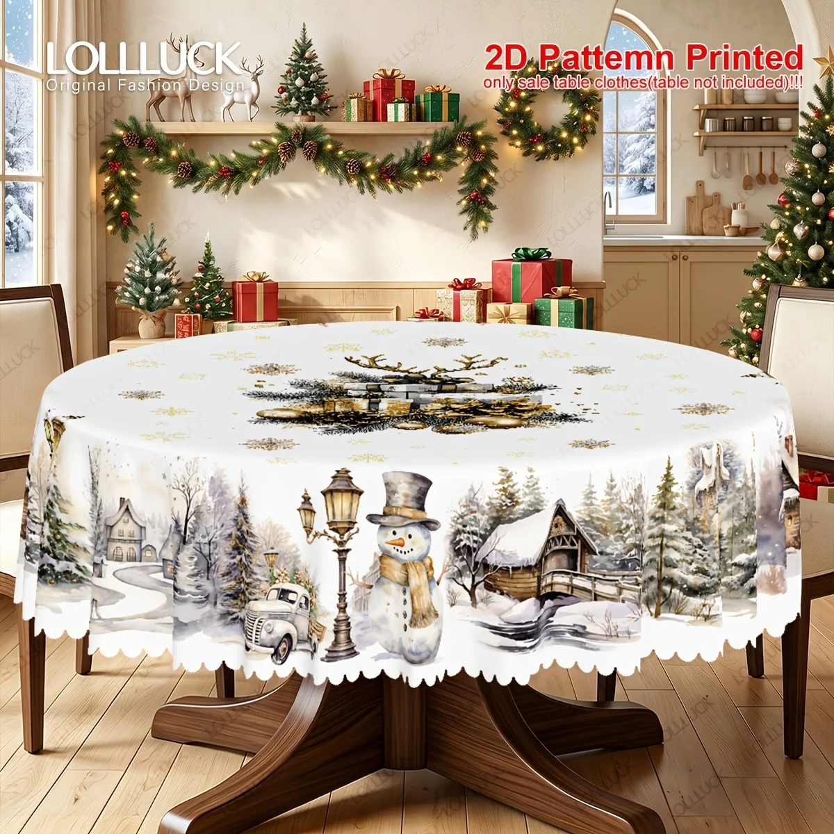 1 piece, Merry Christmas theme, send a tablecloth, retro snowman bell truck Christmas tree design pattern print
