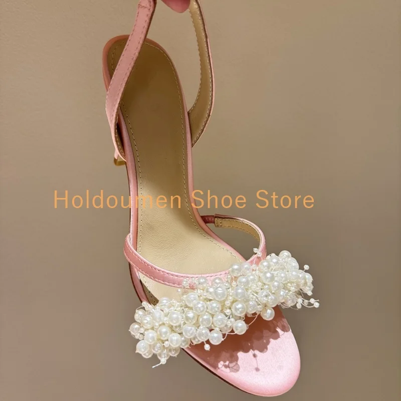 Summer New Silk Fabric Pearl Decor Women's Sandals Peep Toe Back Strap Multicolor Stiletto Sandals Shiny Luxury Princess Shoes