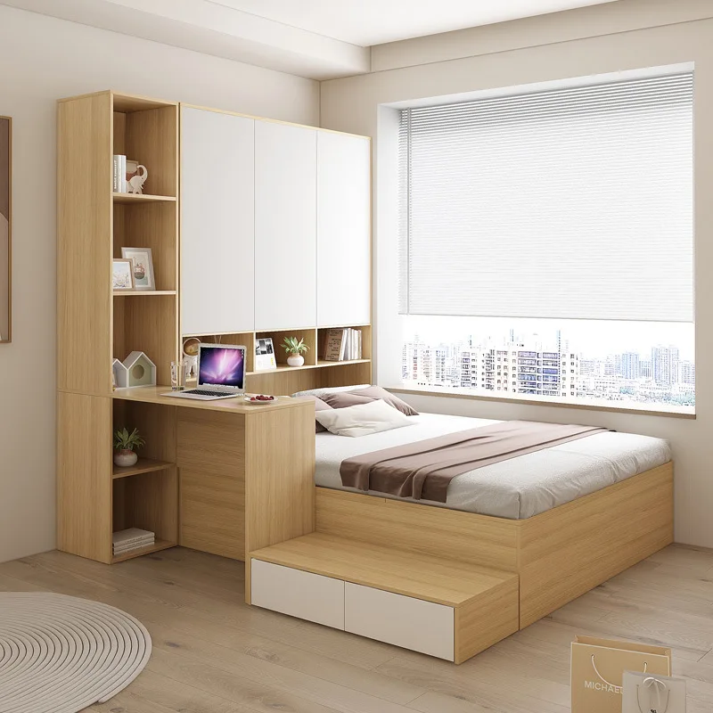 Small apartment tatami bed, bedroom panel wardrobe bed, desk integrated children's bed cabinet combination