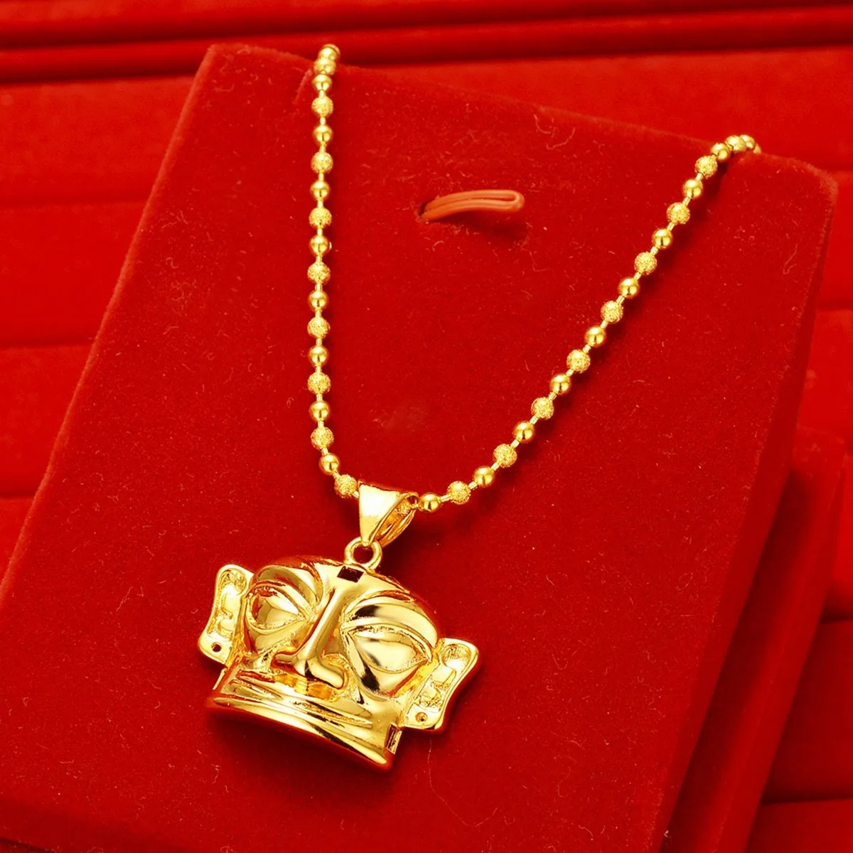 AU999 Gold Necklace Women Chinese Style Mask Clavicle Chain 24K Pure Gold Fashion Trend Pendant Long Chain Gift