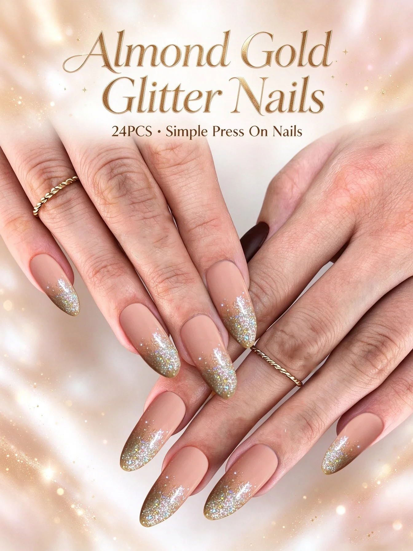 24Pcs Simple Almond Press on Nails with Gold Glitter Sparkly Removable Candy Color Wearable False Nails