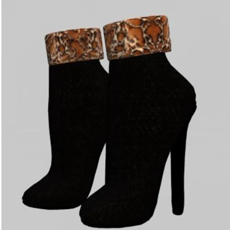 Black Leopard Patchwork Mid Calf Boots Thin High Heel Pointed Toe Fashion Sexy 2025 Winter Big Size Woman Shoes Zapatillas Mujer