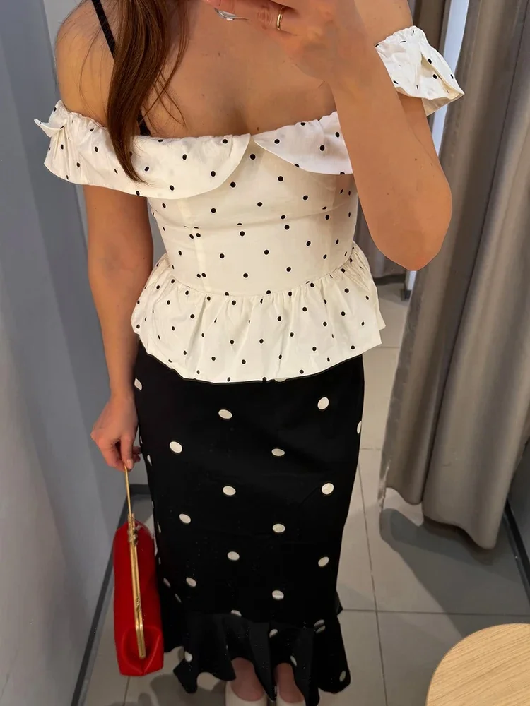 Wave Point Ruffle Top Skirt Sets Women Elegant Off Shoulder Sling Top High Waist Midi Skirts Female Suit 2026 Summer Slim Robe