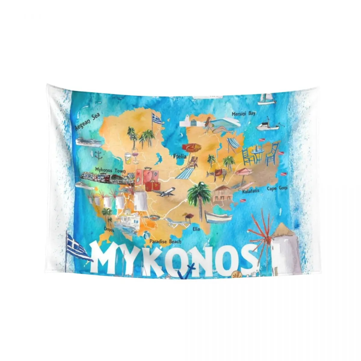 

Mykonos Greece Illustrated Map with Main Roads Landmarks and Highlights Tapestry Decorations For Room Tapestry