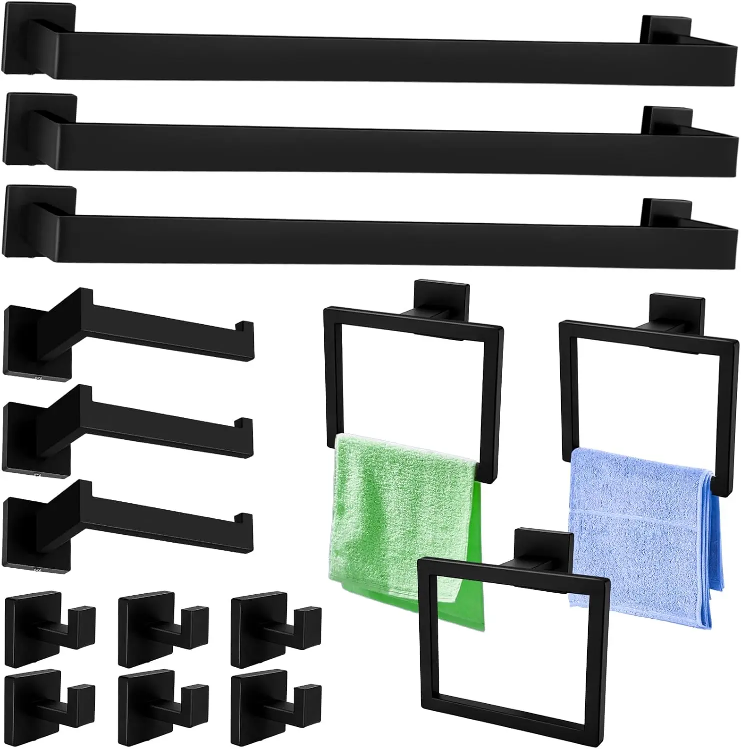 

15 Pcs Matte Black Bathroom Hardware Set, 23.3 Inch Bath Towel Bar Set,Towel Rack Square Towel Bar Set, SUS304 Stainless Steel T