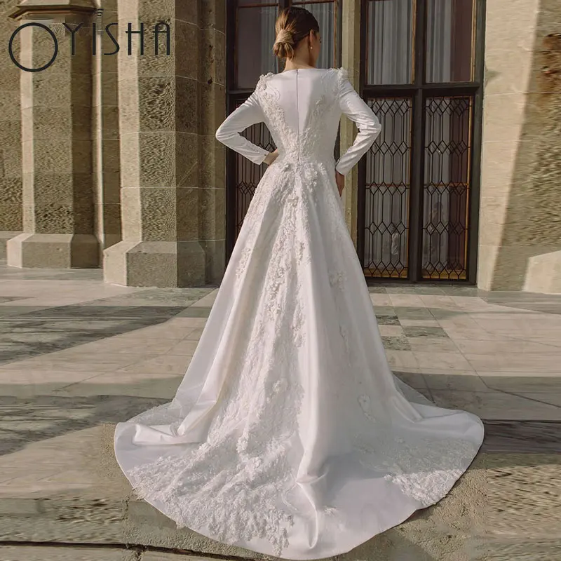 Oyisha A-Linie Applikationen muslimische Brautkleider weiße volle Ärmel Satin Scoop Brautkleider für Frau elegante Vestido de MariagesOYISHA A-Linie Appliques Muslimische Brautkleider Weiß Volle Ärmel Satin Scoop Braut