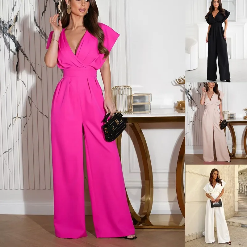 

Trendy Stylish Fitted Waist Jumpsuit with Flutter Sleeves V Neck Wide Leg Design Suitable for Commuting in Solid Colors