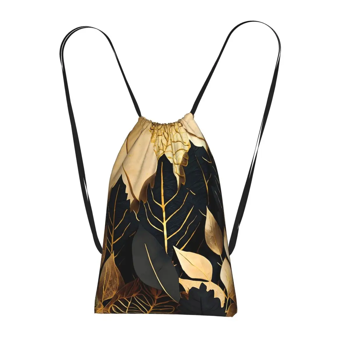 

Black Golden Leaf Print Backpacks Multi-function Drawstring Bags Storage Bag Book Bags for Travel School