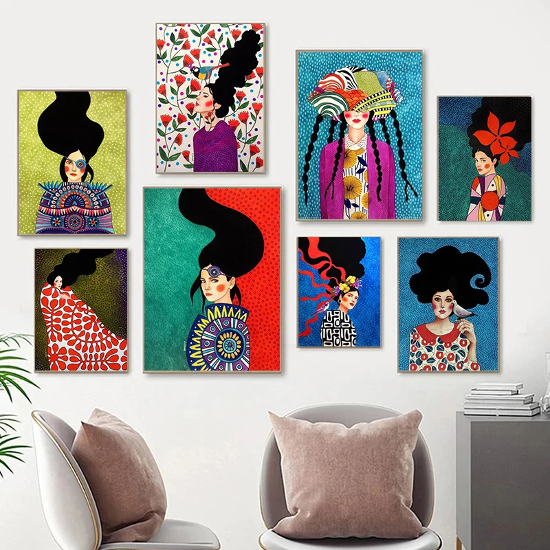 

Abstract Retro Flowers Girls Hair Canvas Paintings Poster Prints Nordic Wall Art Pictures For Living Room Home Decoration