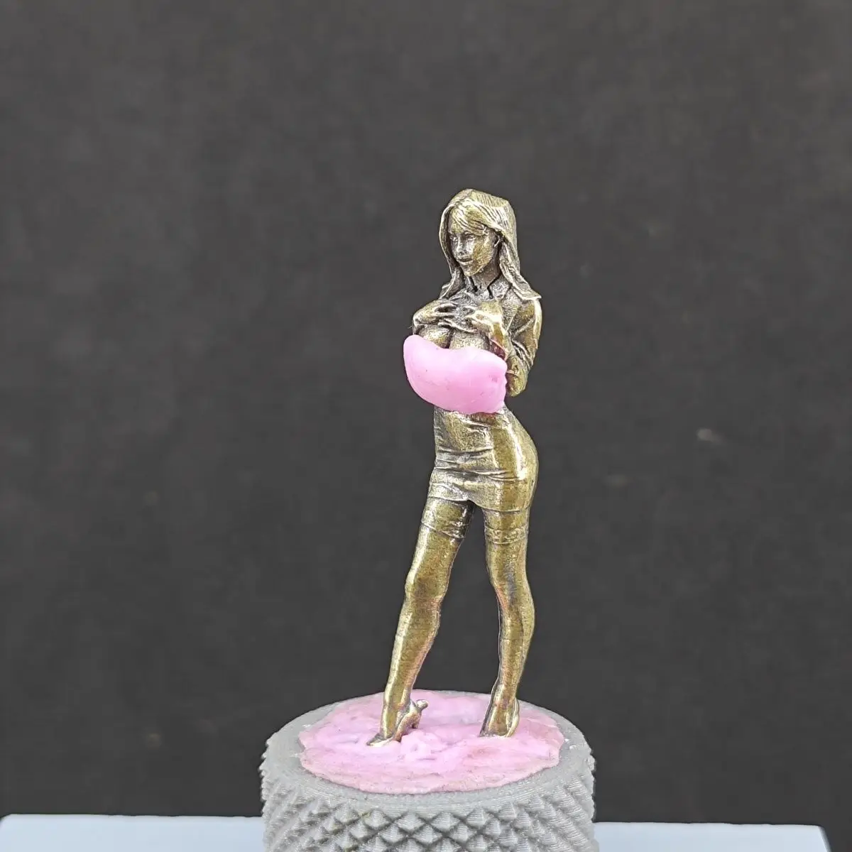 Miniature Brass Female Figurine in Dress, Realistic Woman Statue, Desk Decor