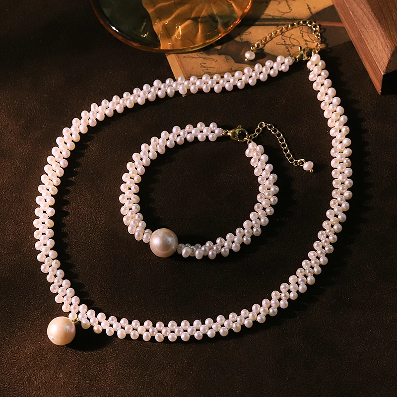 

Natural Freshwater Pearl Braided Bracelet Necklace Set Handmade Design Set for Banquet Wedding Women's Jewelry GS0230