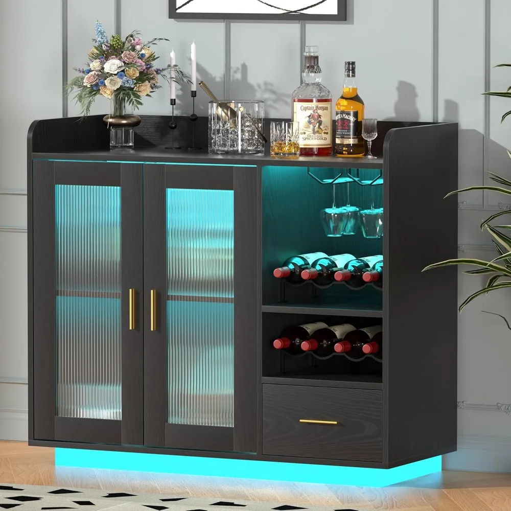 

Modern Black Wine Bar Cabinet with LED Light, Floating Coffee Cabinet, Kitchen Buffet Sideboard, 35.43W x 15.75H x 39.37D, Holds
