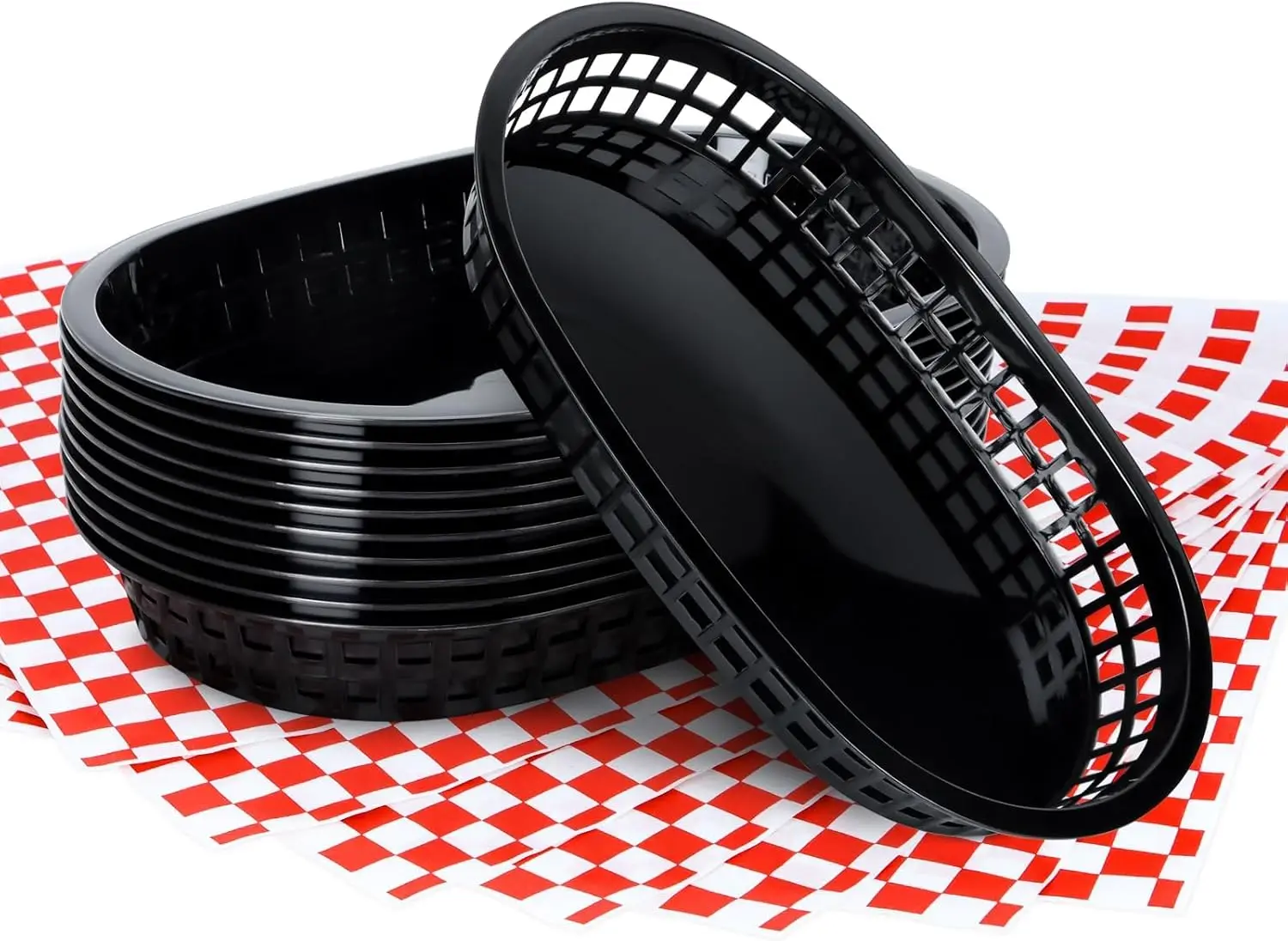 

Plastic Food Baskets with Red Checkered Liners, 120 Sheets Deli Paper Liners and 12 Black Baskets for Fast Food Serving