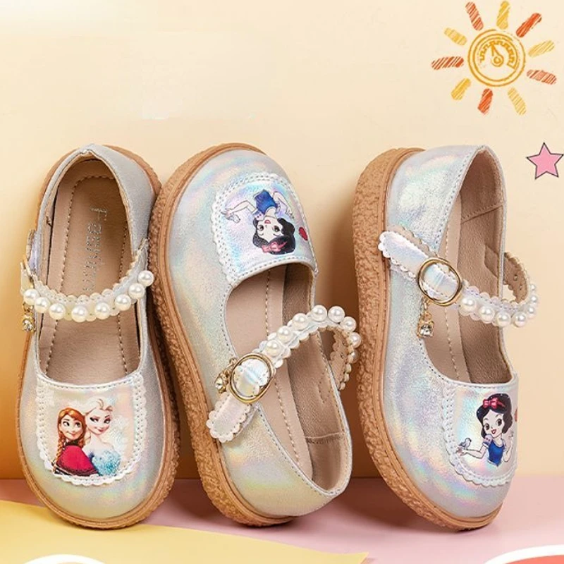 

Disney Girls' Princess Elsa Anna Shoes Frozen Spring Children's Shoes Bright Leather Fashion Round Toe Silver Shoes Size 22-33