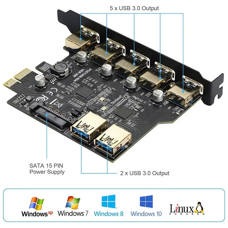 

A42Z-PCI-E USB 3.0 7 Ports Expansion Card With 15Pin SATA Power Connector PCIE X1 USB3.0 Adapter 5Gbps