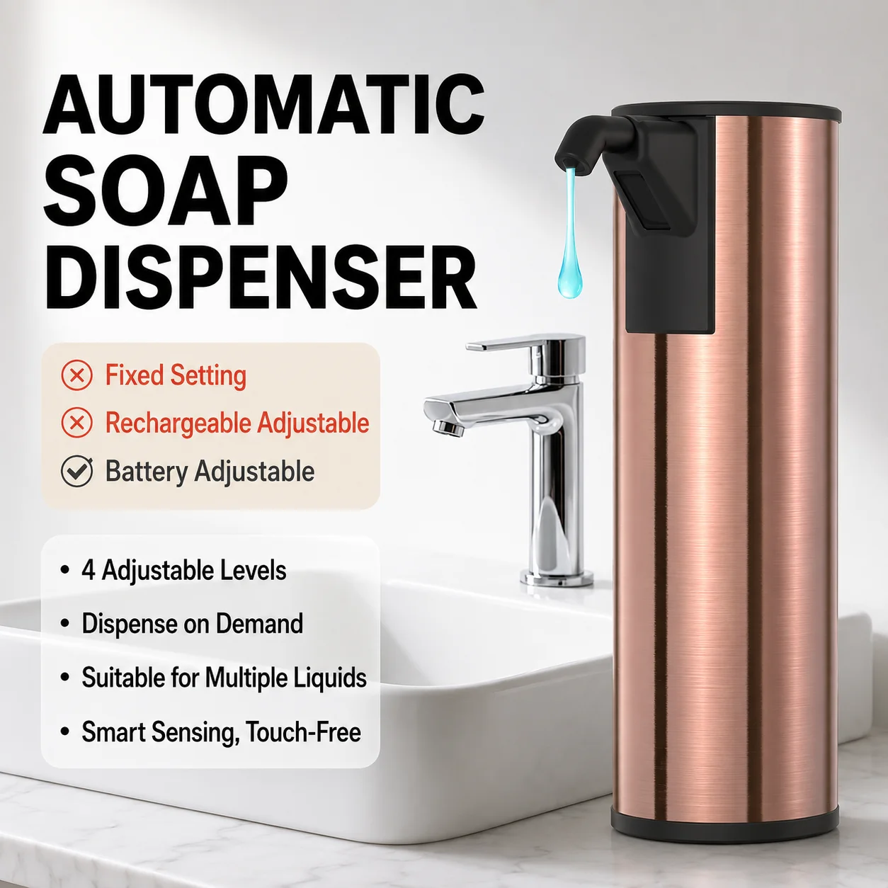 Battery Operated Stainless Steel Touchless Soap Dispenser, Adjustable Smart Automatic Liquid Dish Detergent Dispenser New Model