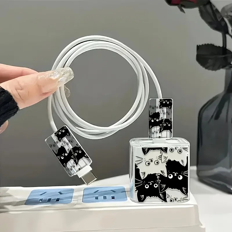 3pcs Cute Black and White Cat Set Charger Protective Case For iPhone 20W /18W Charging Head Data Cable Protection Cover