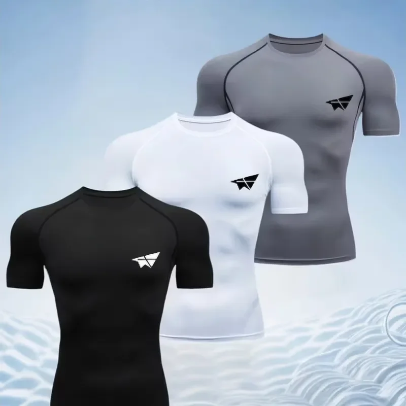 Men's solid-color elastic tights short-sleeved T-shirt with round neck slim fit breathable skin-friendly thin fabric