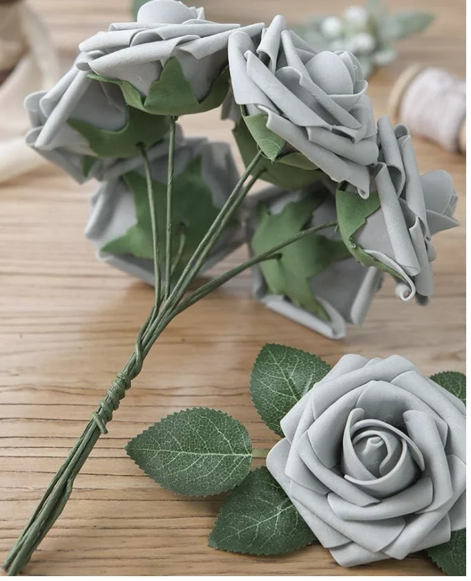 Artificial Flowers 50pcs Real Looking Silver Grey Foam Fake Roses with Stems for DIY Wedding Bouquets Bridal Shower Centerpieces